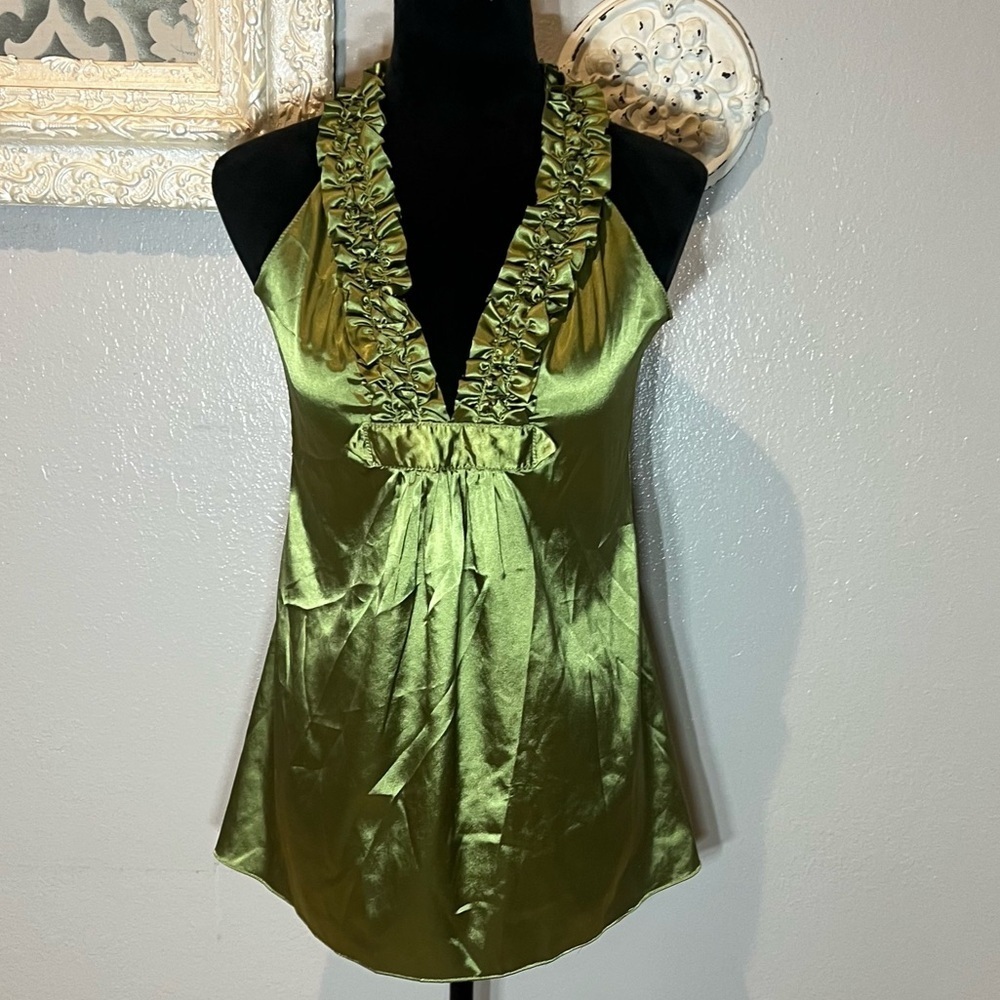 Max Studio Shiny Green Top With Ruffle Detail - Picture 2 of 11